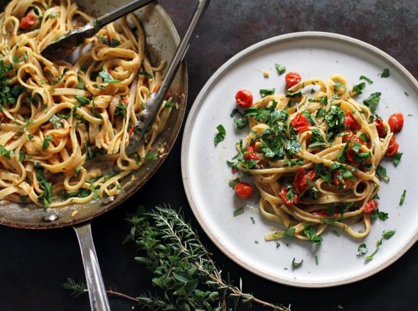 Pasta with Caramelized Onions, Roasted Tomatoes and Herbs